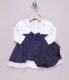 Vestido de poá azul marinho e branco