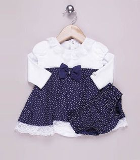 Vestido de poá azul marinho e branco